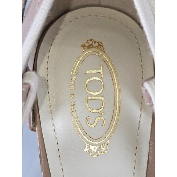 Tod’s Women's Beige Leather Cream Canvas Zeppa Lace Up Wedge Sandals Sz 7 274 - Picture 7 of 16